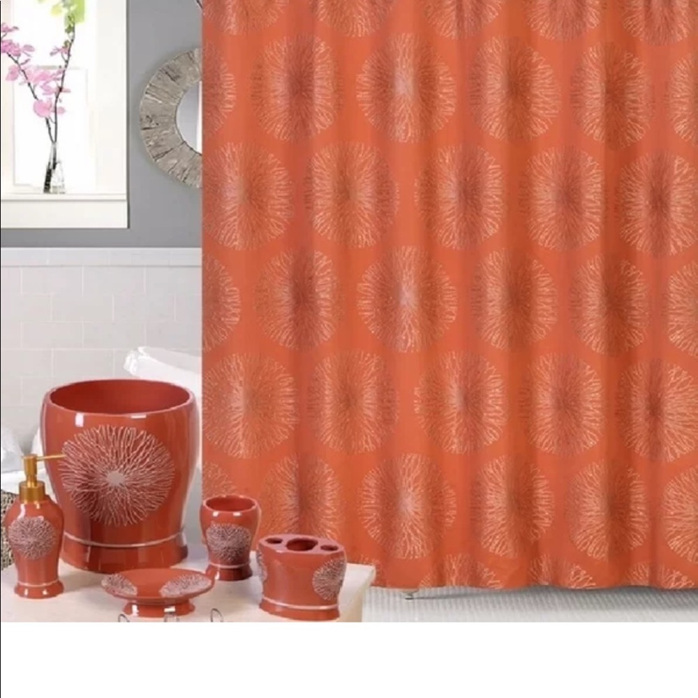 Shower Curtain with matching shower hooks. Burnt orange and gold detailing.